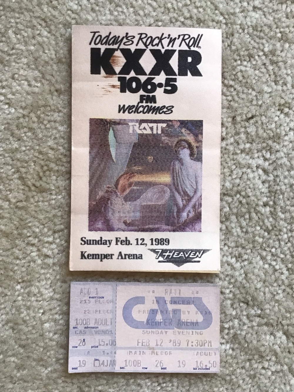 Vintage Rock Memorabilia RATT Satin Patch and Concert Ticket Stub, 1989